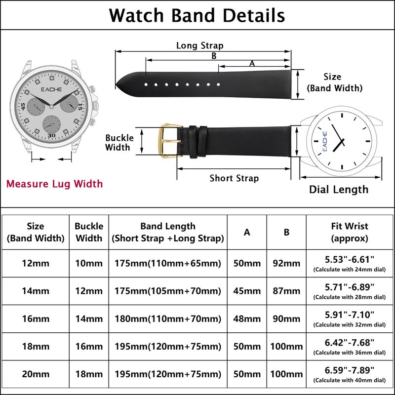 EACHE 20mm Black Leather Watch Bands for Men Women, Leather Watch Replacement Straps Black Watch Bands with Gold Buckle - Image 2